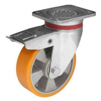 Колесо 160 мм, навантаження 600 кг, алюміній/поліуретан з поворотним посиленим кронштейном  і гальмом