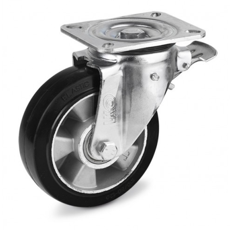 Колесо 250 мм з еластичної гуми з посиленим поворотним кронштейном з гальмом