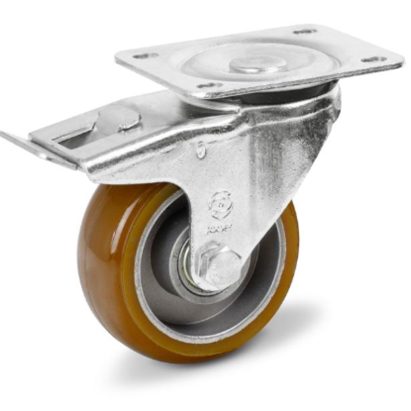 Колесо 100 мм, навантаження 300 кг, поліуретан із поворотним посиленим кронштейном і гальмом